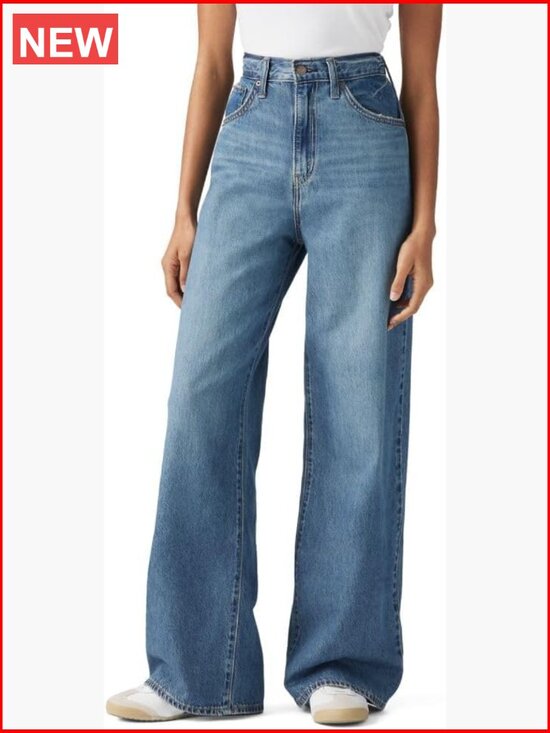 Denim - High Rise Baggy Jeans with Adjustable Waist - 100% Cotton No Stretch